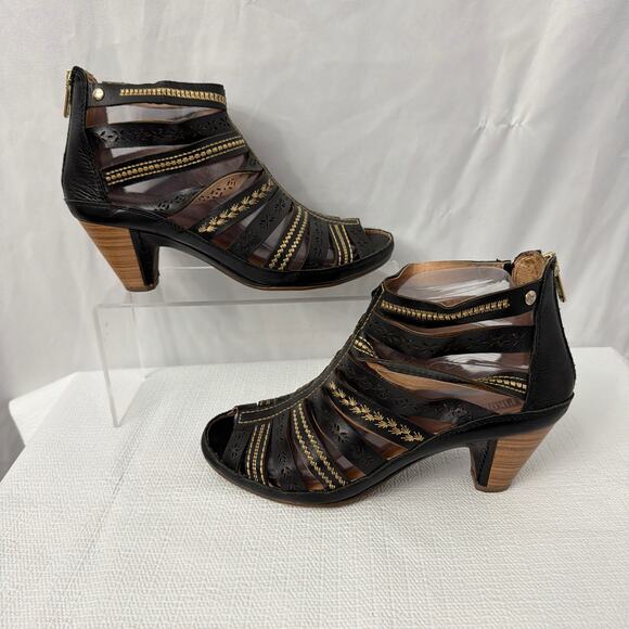 Pikolinos Java Sandals Womens 7 Gladiator Heel Leather Black Boho Ankle Zip 37 - Picture 8 of 10
